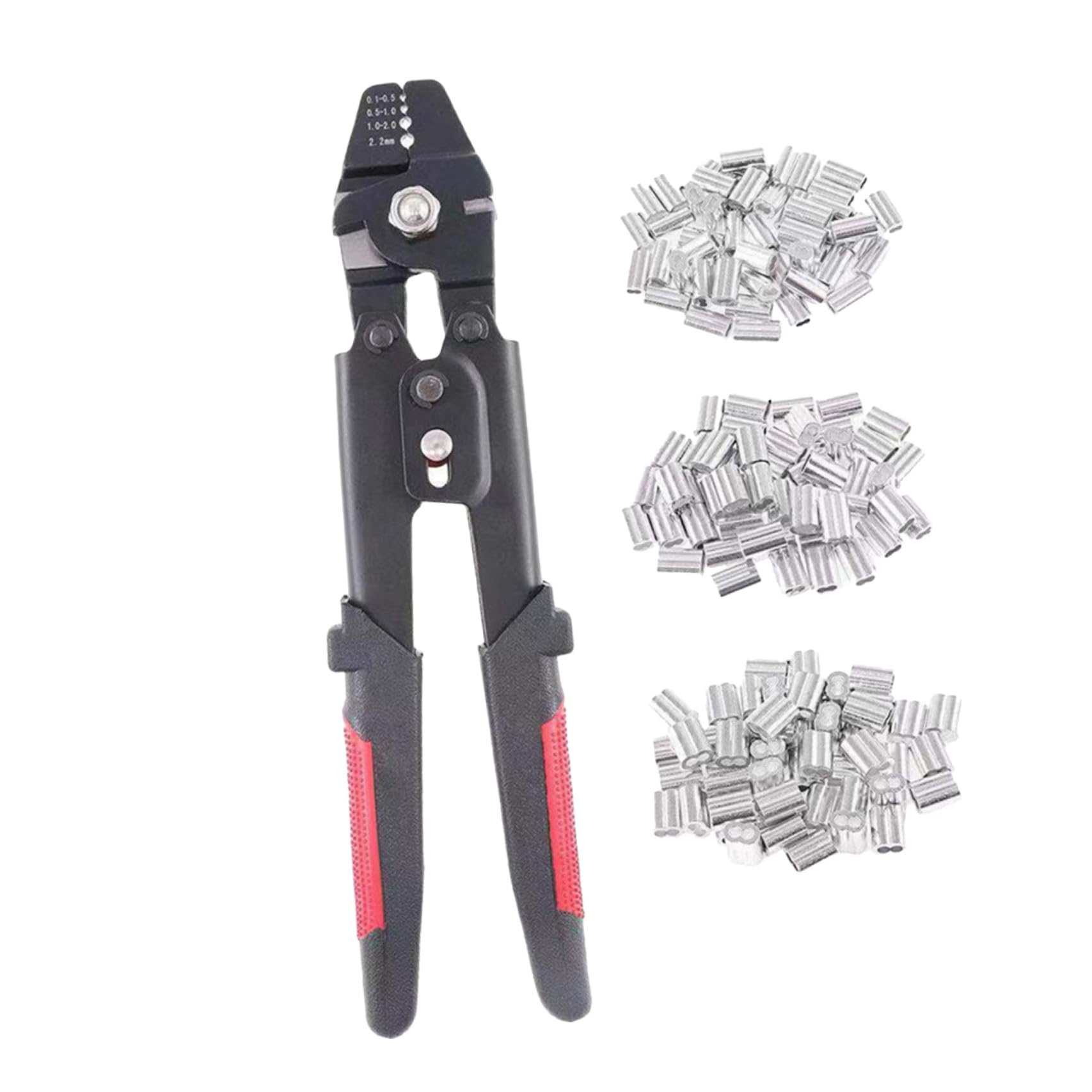 Pinza Crimpare per Cavi e Funi con Manicotti in Alluminio | 180 Pezzi M1.2 M1.5 M2, 4 Posizioni di Crimpatura, Struttura in Pvc e Acciaio al Carbonio