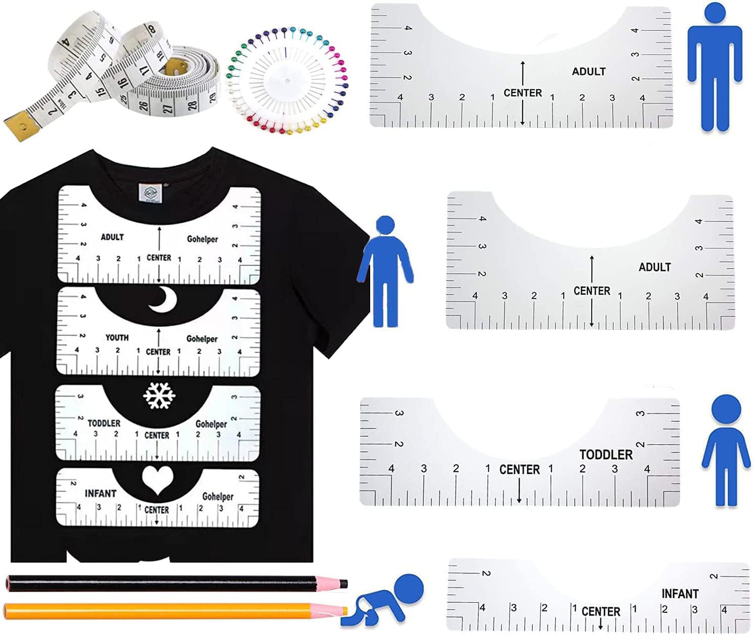 NAWOKEENY T-Shirt Ruler Guide Set, PVC T-Shirt Alignment Ruler Tool with Clothing Size Chart Crafty Transfer Tool for Sublimation Designs on T-Shirt Heat Press Guide (White 8Pcs)