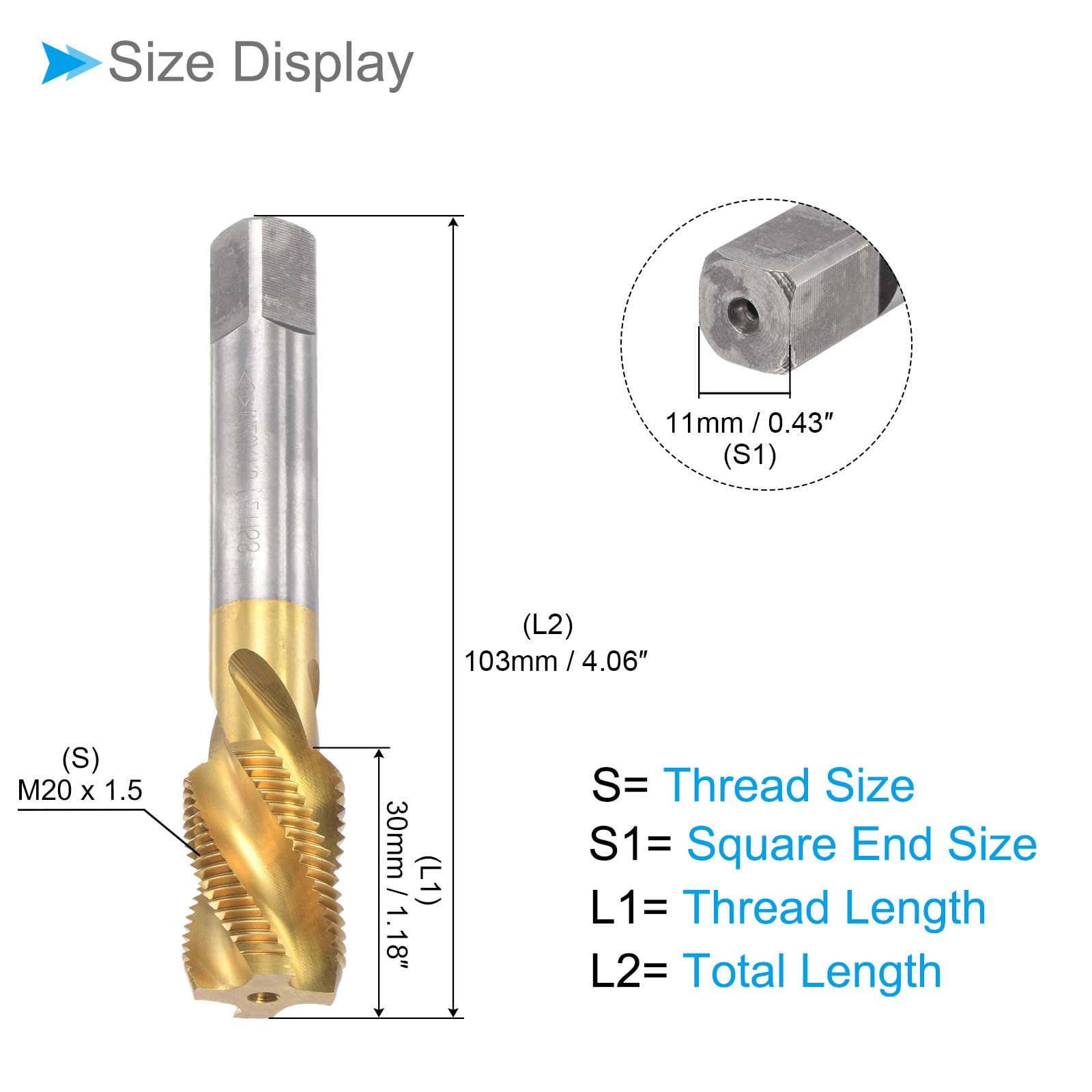 Taraud à Filetage en Spirale, Taille de Filetage M20 x 1.5, 4 Cannelures, Outil de Taraudage en Acier Rapide - (Pour traitements des Trous et Matériaux Collants)