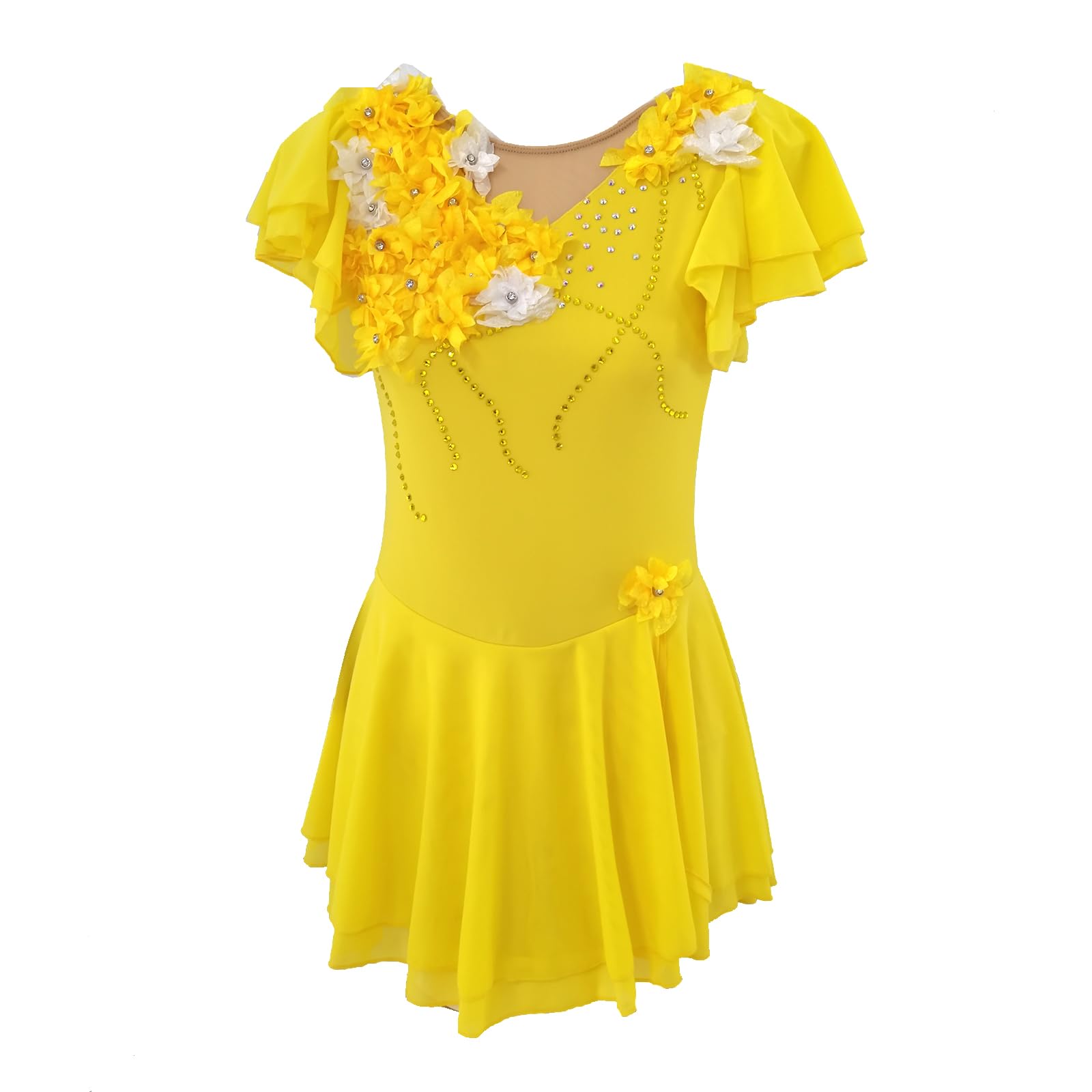 LIUHUO Robe de patinage artistique à manches courtes en dentelle jaune pour filles et femmes