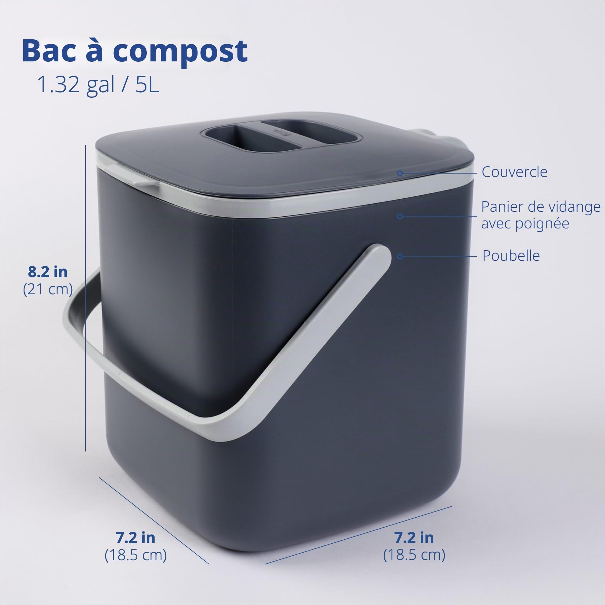 BLUE GINKGO Bac à Compost de Cuisine - Bac de Déchets Alimentaires Facile à Nettoyer avec Poignées | Bac à Compost de Cuisine pour Plan de Travail | Fabriqué en Corée (5 L) - Gris