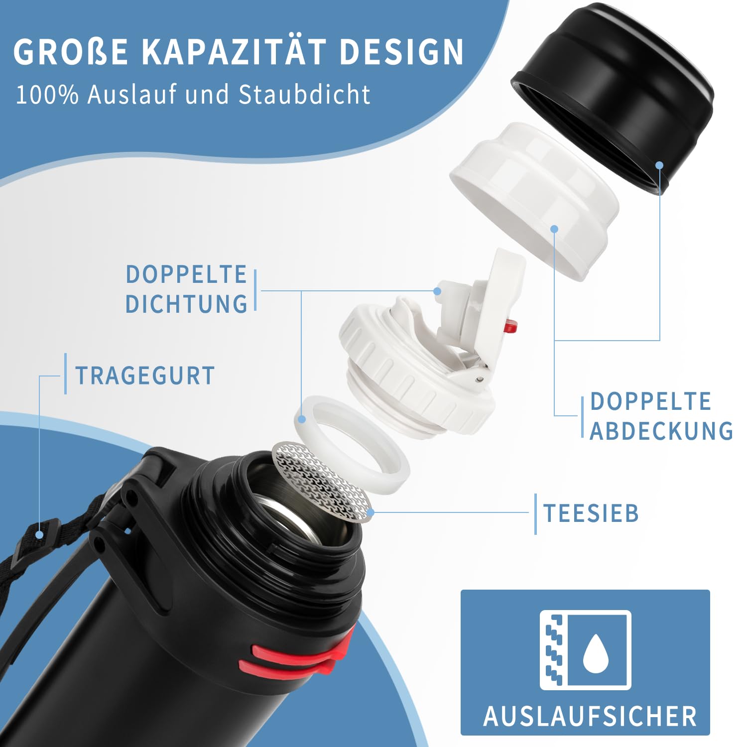 Thermos per Viaggi 1,5 L, Doppia Parete in Acciaio Inox, Thermos con 2 Bicchieri, Senza BPA, 100% a Prova di Perdite, Borraccia Termica, Sport, Attività all'aperto, 24 ore Tenuta Calda e Fredda