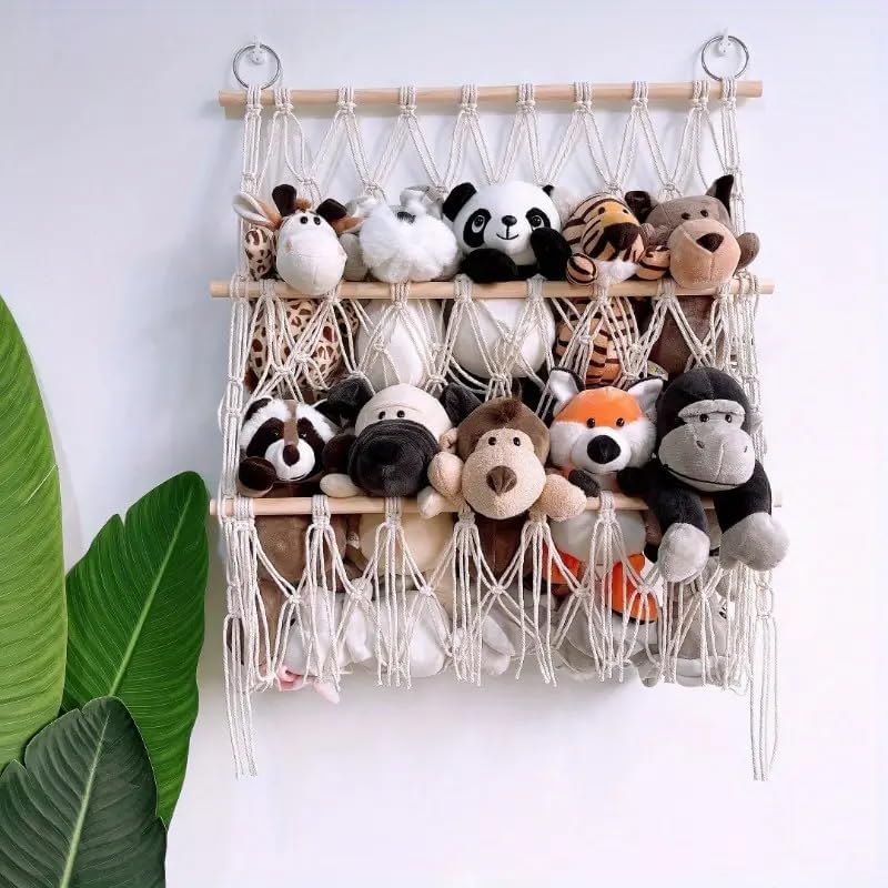 Image of Waterlily House - Organizer Mesh, Bohemian Net Organizer, Stuffed, Toy Storage Hammock, Rainbow Stuffed Animal Hammock Macrame for Toy Storage. (Offwhite - Two Layer)