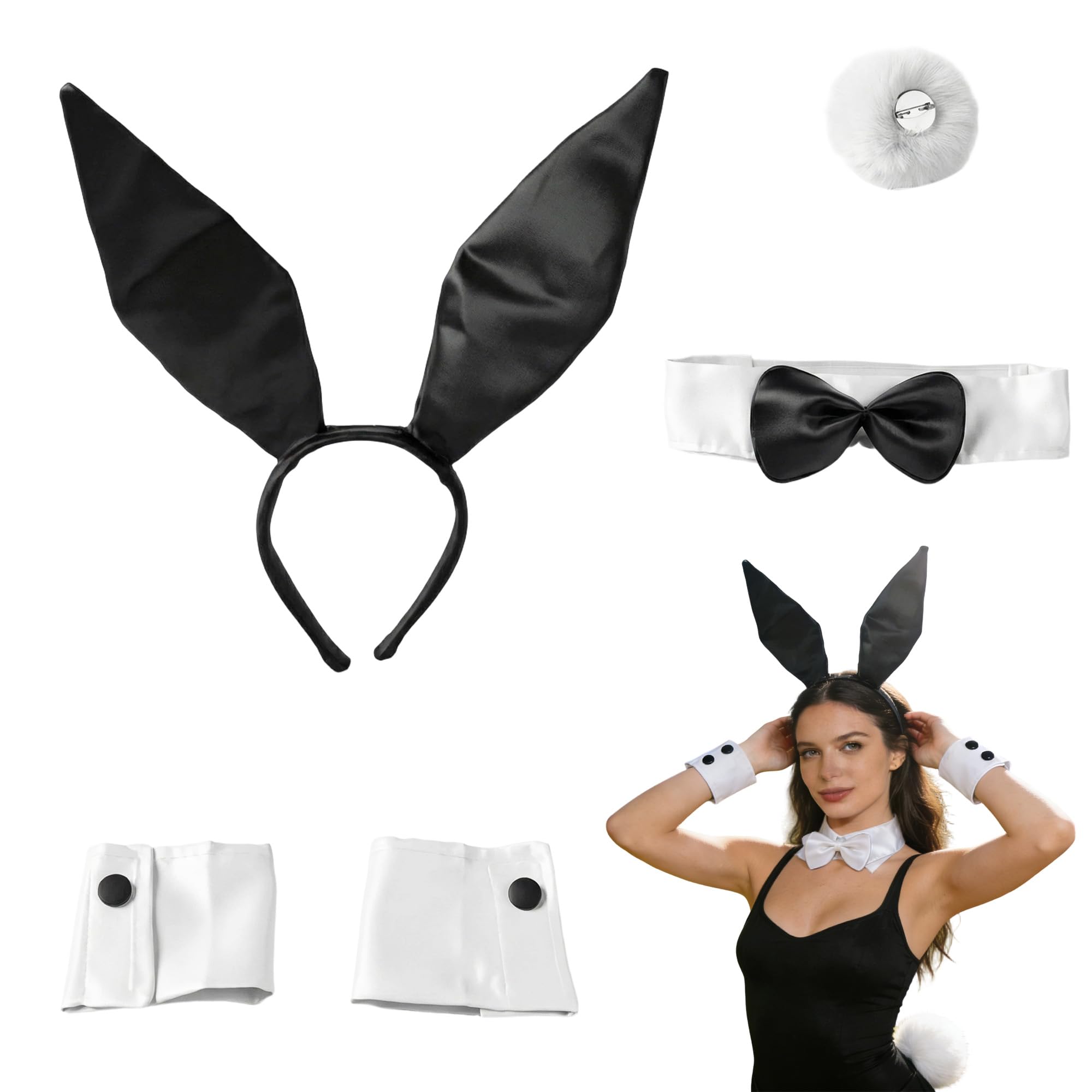 SHIQUAN 5 Pcs Adult Bunny Costume, Ears Headband, Bow Tie, Cuffs & Tail, Easter Playboy Bunny Costume Adult for Women, for Hen Party, Halloween, Cosplay Fancy Dress Accessories Set