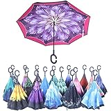 Double Layer Wind Proof,UV Proof Reverse Folding Inverted Umbrella Travel Umbrella with C Shape Handle and Carrying Bag-Buauty Fireworks