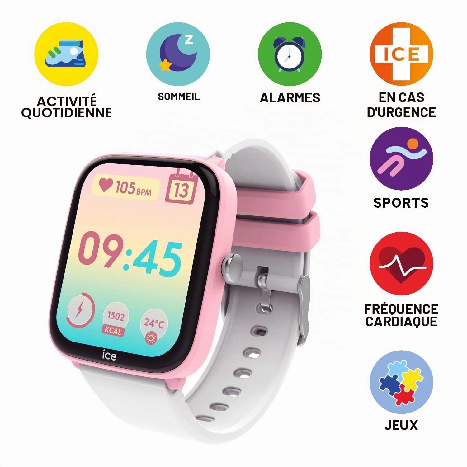 ICE-WATCH - Ice Smart Junior 3.0 Pink White 1.75 AMOLED - Montre connectée rectangulaire Rose pour Fille avec Bracelet en Silicone - 024297 (1.75 Pouces)