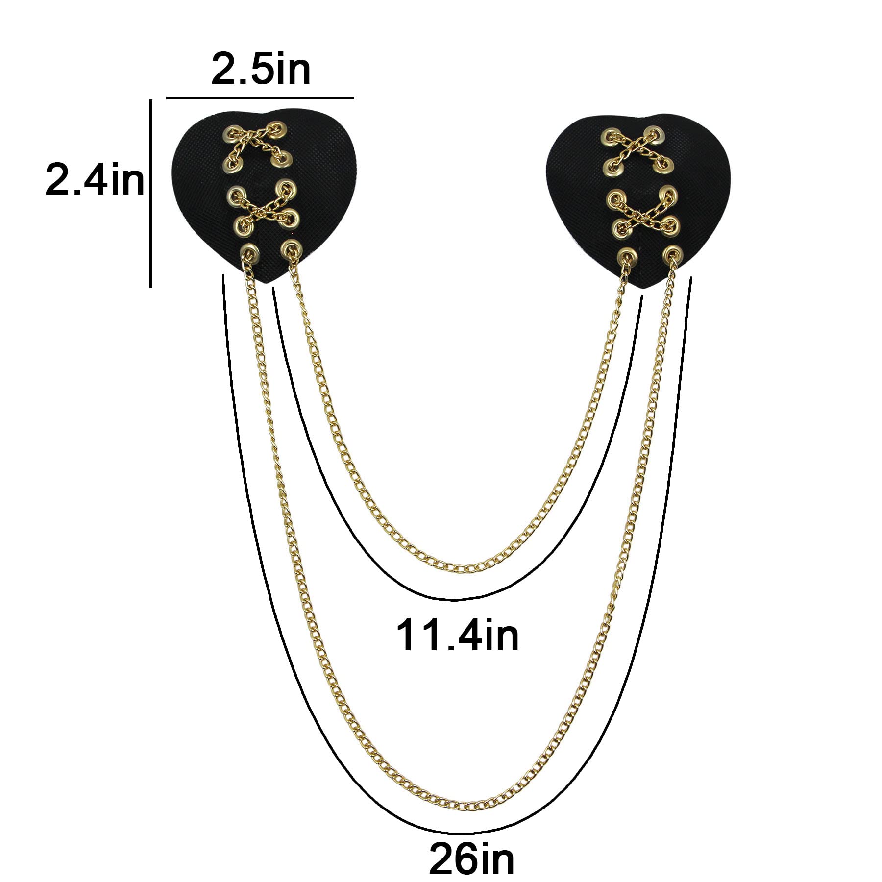 ZGMYC PU Leather Heart-shaped Nipple Cover with Gold Metal Chain, Reusable Adhesive Pasties Bra Sexy Body Chain for Party Rave Festival