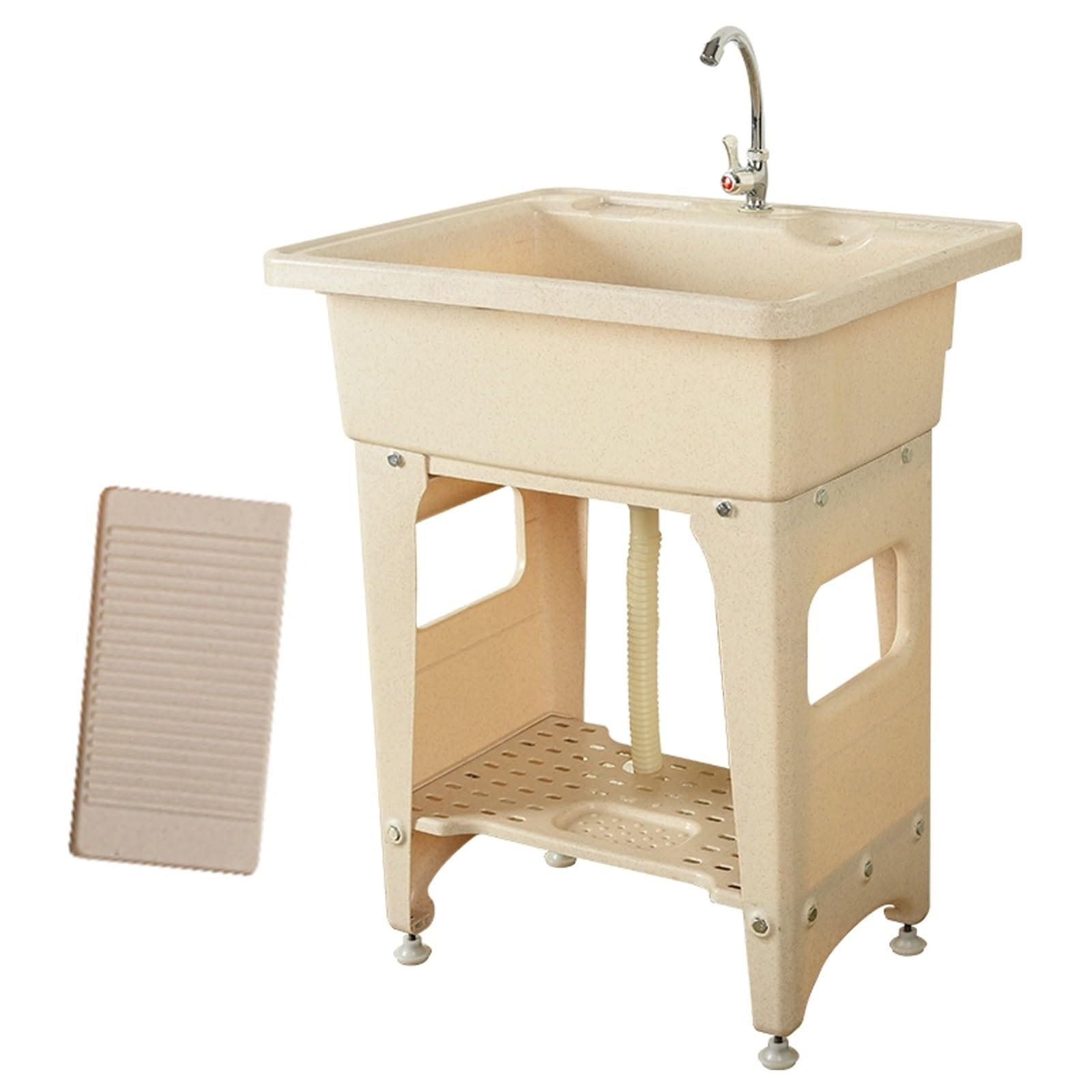 Fregadero Multiusos de Pie, Pila Lavadero de Plástico con Tabla de Lavar, Lavadero Pila Exterior con Mangueras y Kit de Desagüe, para Lavandería, Garaje(53x39x80cm)