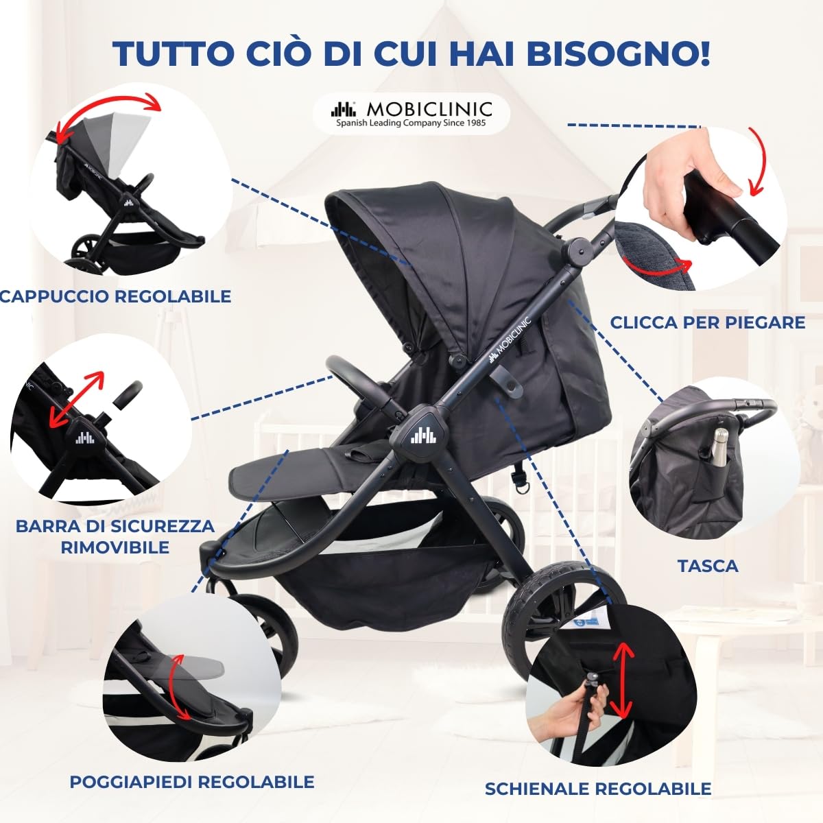 Mobiclinic® kids, Passeggino a 3 ruote, Agnes, Fuoristrada, Manubrio monocomando, Imbracatura 5 punti, Tasca posteriore, Stile sportivo, Chiusura clic, Cesto xxl, Fino 22 kg