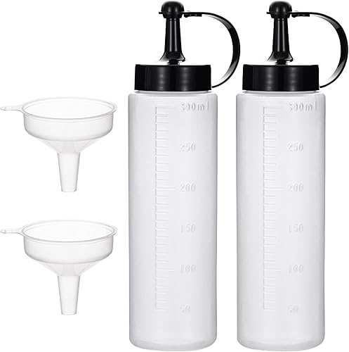 Paquete de 2 botellas de condimento de plástico de 10 onzas con tapas de tapa y embudo, dispensadores superiores para salsa de tomate, mostaza,