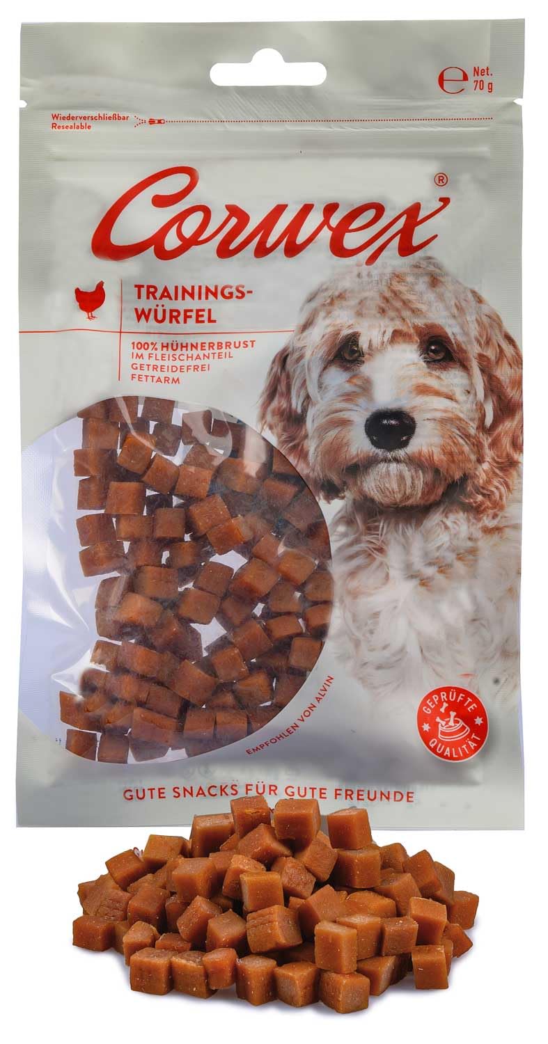Corwex Cubo de adiestramiento Snacks para Perros con Pollo, monoproteína, Snack para aprendices, golosina sin Cereales para adiestramiento canino (16x70g, Pollo)