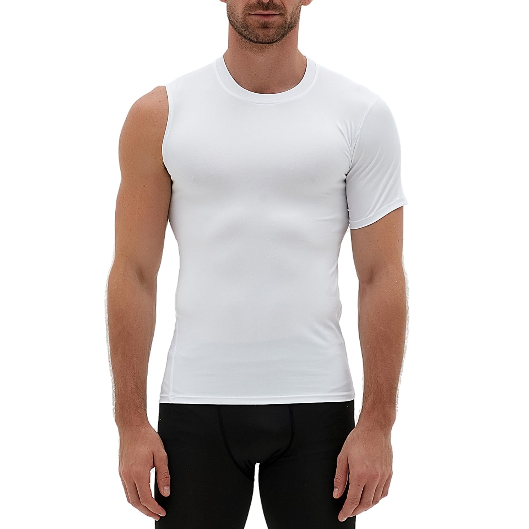 Men Compression Shirt: 1/2 Single Arm Short Sleeve Athletic Base Layer Undershirt Gear T-Shirt for Basketball (White, Left, Large)