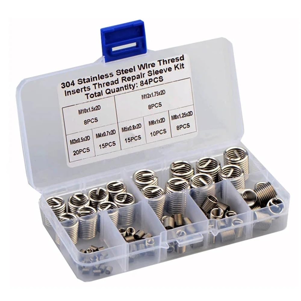 Kit assortimento di inserti filettati for riparazione di viti elicoidali in acciaio inossidabile 304 da 84 pezzi, M3, M4, M5, M6, M12