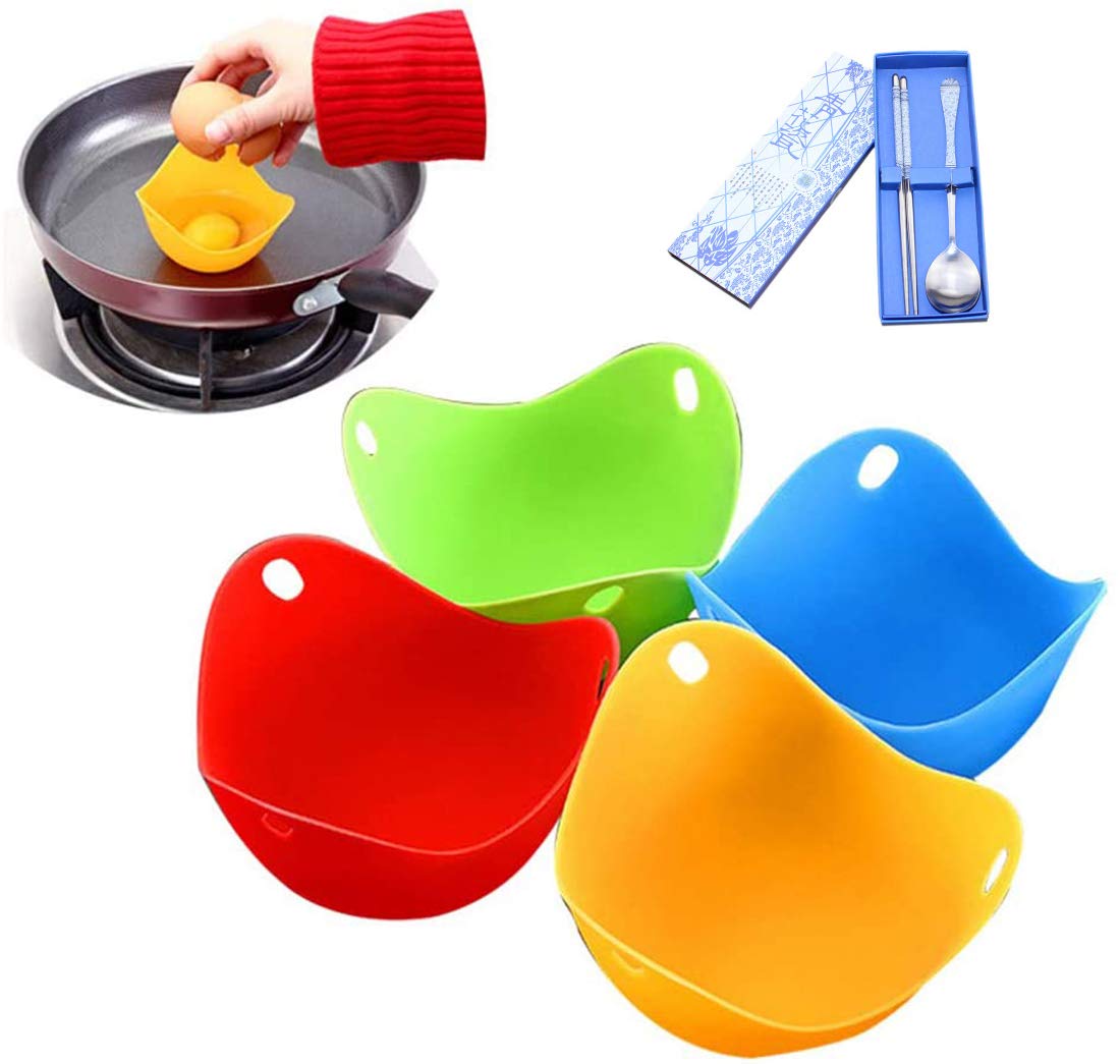SYOSI 4 Pack Egg Poacher Cups Silicone Egg Poacher Multi Coloured Poach Egg Pods Molds Work with Egg Poacher Pan, Cookware, Boiler Steamer, Microwave with 1 Chopsticks 1 Spoon