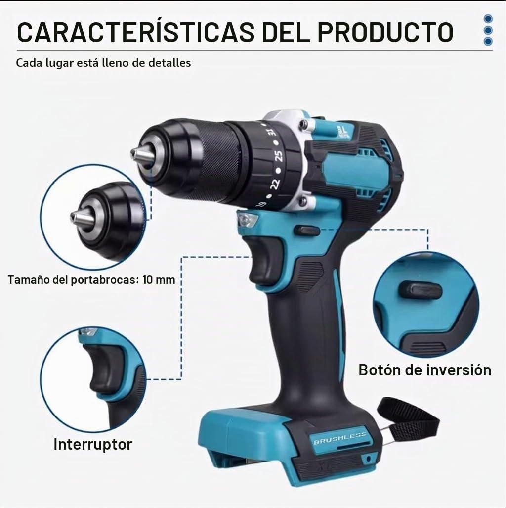 Kit de Herramientas Inalámbricas 3 Piezas, Taladro Percutor, Atornillador de Impacto y Amoladora, con 2 Baterías y Maletín, Juego Profesional para Bricolaje