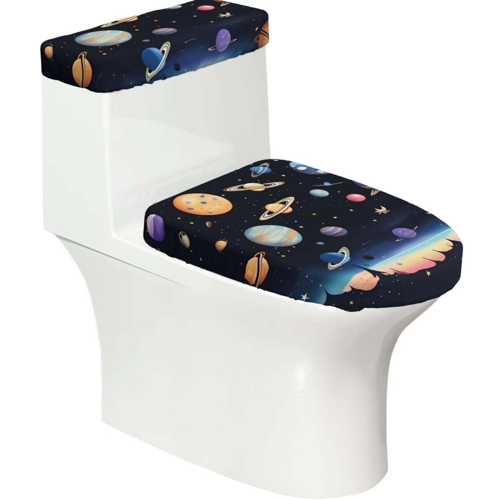 Cntdbu Black Saturn Jupiter Earth Stretchy Toilet Lid And Tank Cover Set-Soft Elastic Bathroom Decor For U Shape Oval