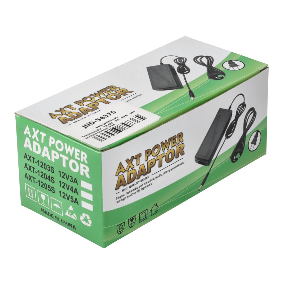 Jandei - Zasilacz transformatorowy wtykowy 110/220V AC na 12V DC 60W 5A, kabel 1m i złącze żeńskie. Instalacja wewnętrzna IP20, do taśm LED, neonów lub urządzeń niskonapięciowych