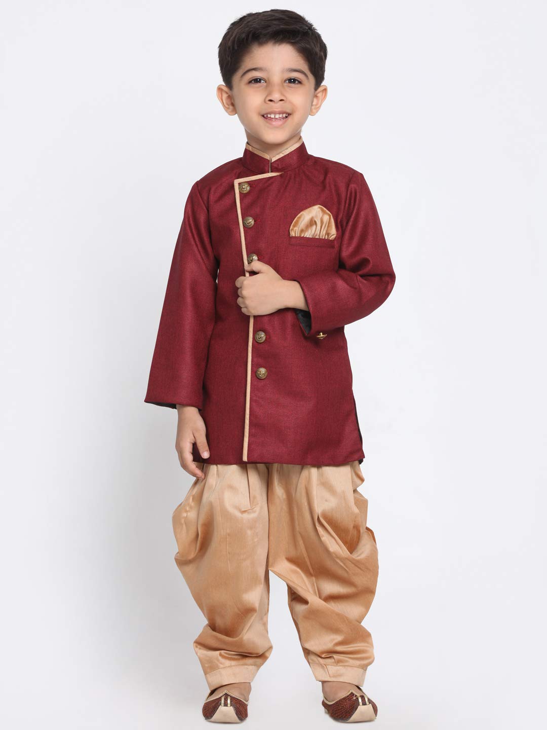 Jbn Creation Boys' Maroon And Rose Gold Cotton Blend Sherwani And Dhoti Pant Set_Jbnbciw124Mancdrg_34
