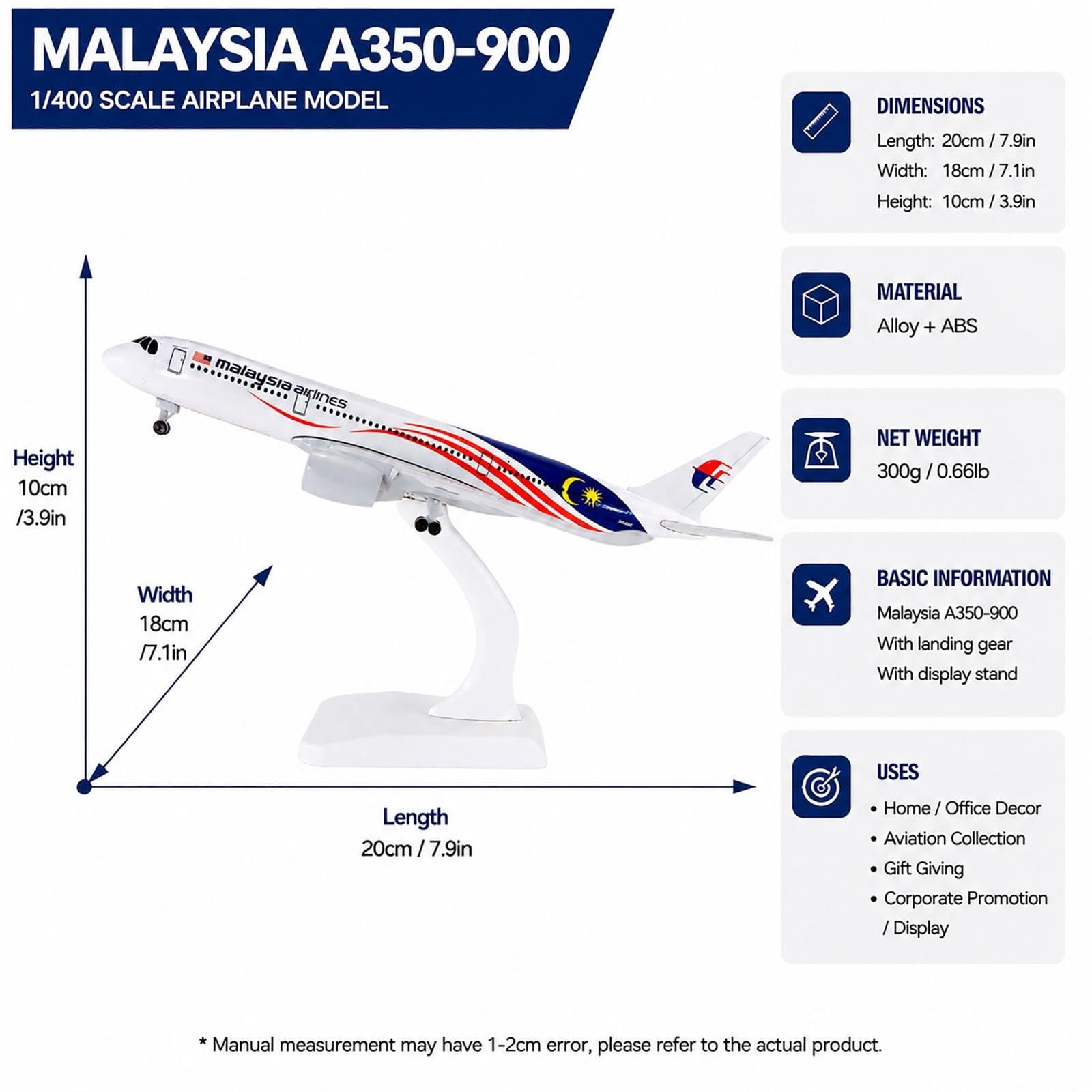 Modello di aereo da 7,1 pollici Malaysia A350 Modello di aereo a reazione