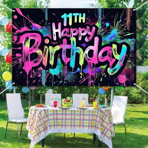 Image of HOMETITUTE Graffiti 11th Happy Birthday Banner 71x43 Inch Neon Party | Glow in The Dark Party Backdrop Colorful Wall Decor for Birthday Celebrations Photo Booth Props Event