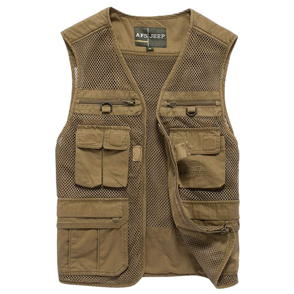 Gilet de Poche Gilet de pêche Printemps été Gilet de pêche Gilet de Photographie en Plein air Gilet Multi-Poches col en V(Khaki,XXL)