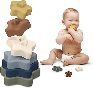 Baby Stacking Toys - Silicone Rings Stackers - Teething Teether Toys - Building Blocks Tower for Boys Girls 6+ Months Early Educational Learning, Set of 6 PCS, Star Shape