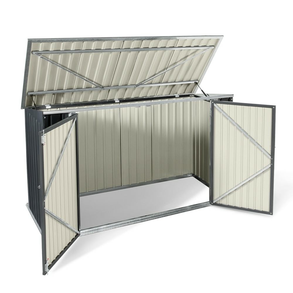 Gartenhaus mit Doppeltür, Aufbewahrungsbox aus grauem verzinktem Stahl, Metallbox für Fahrräder und Werkzeuge, Mülltonnenabdeckung mit Schiebedach, 210 x 130 x 105 cm