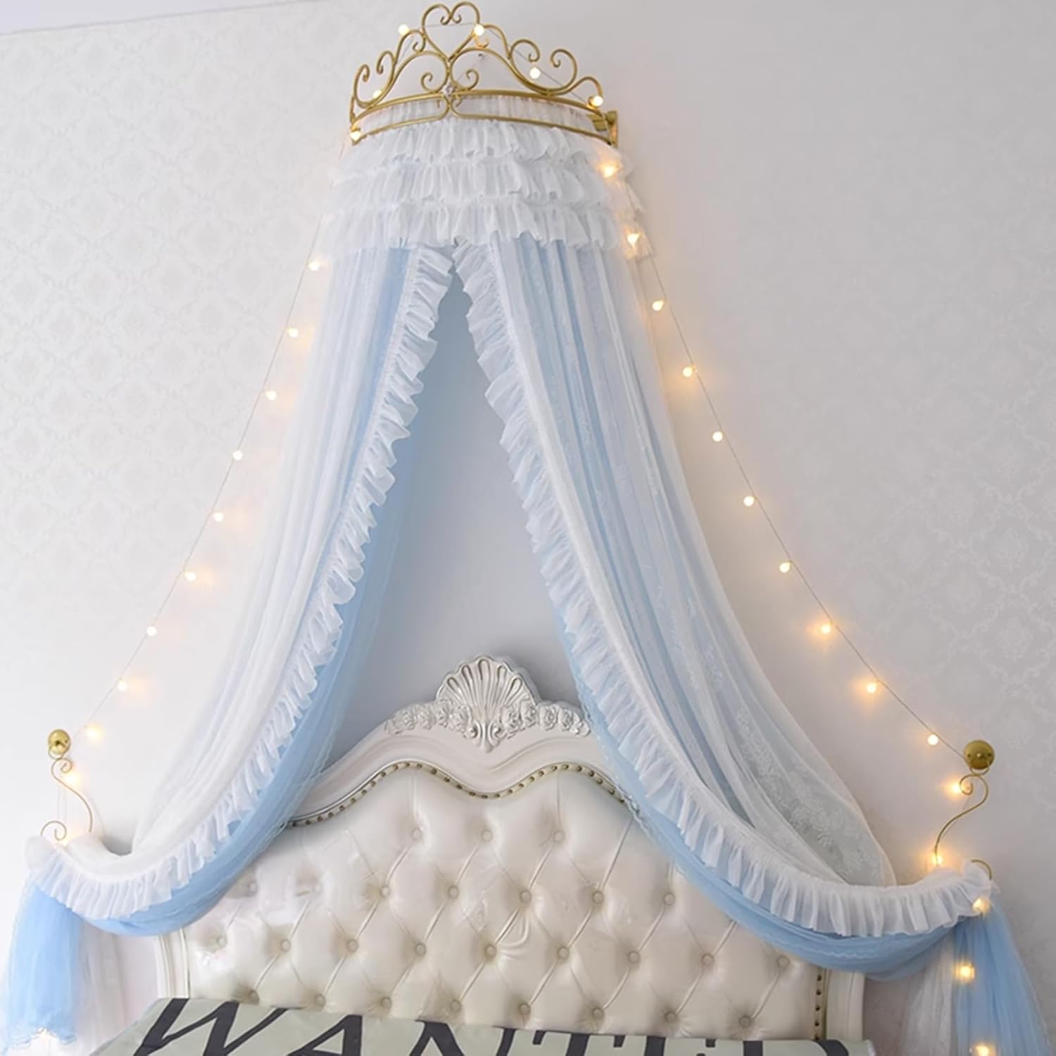 Bed Canopy with Crown Dome with Stars String Lights, Decor Bed Canopies & Drapes-Double Layer Lace and Mesh Dreamy Mosquito Net Bedding Reading Nook Canopies