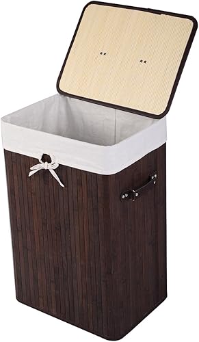 GOFLAME Cesta portátil de bambú para ropa sucia, cesta de almacenamiento de ropa sucia con tapa y forro extraíble, gran contenedor de ropa con asas,