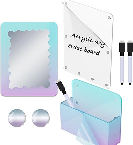 Svartur Accesorios iridiscentes para casillero, espejo magnético y soporte para bolígrafo y pizarra magnética acrílica de borrado en seco para