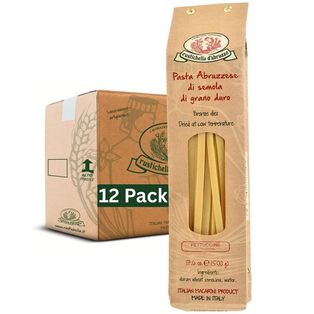 Rustichella d'Abruzzo Fettuccine - Bulk Pack of 12 (17.6oz, 500g Each) Egg-Free Wide Ribbon Pasta - Perfect for Sauces - Durum Wheat Semolina Fettuccine- Cooks in 11-13 Minutes - Traditional Italian Pasta - Perfect as Food Service Pasta