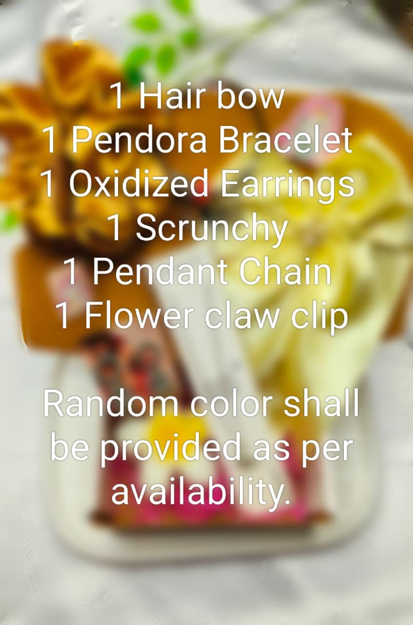 Mohmit Mart 6-Piece Fashion Accessories Gift set with Hair Bow, Pendant Chain, Bracelet, Earrings, Scrunchie, Flower Clip (Random color and design)