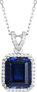 18K White Gold Plated Silver Necklace With Lab Grown Blue Sapphire/Ameth...