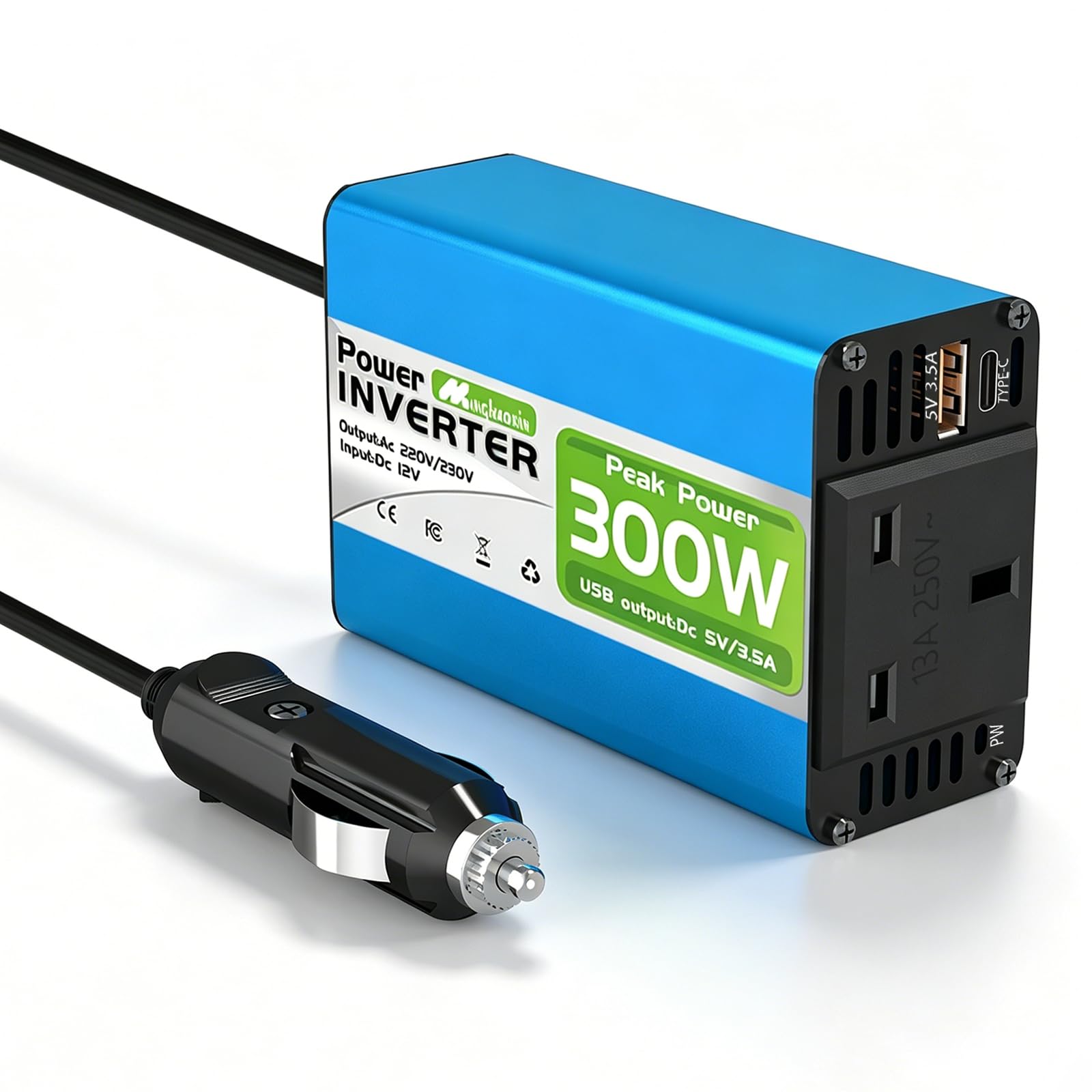 300W Car Power Inverter 12V to 230V/240V Converter, Car Charger Lighter Adapter USB-A and USB-C 3A Charging Ports - Blue Aluminum Body