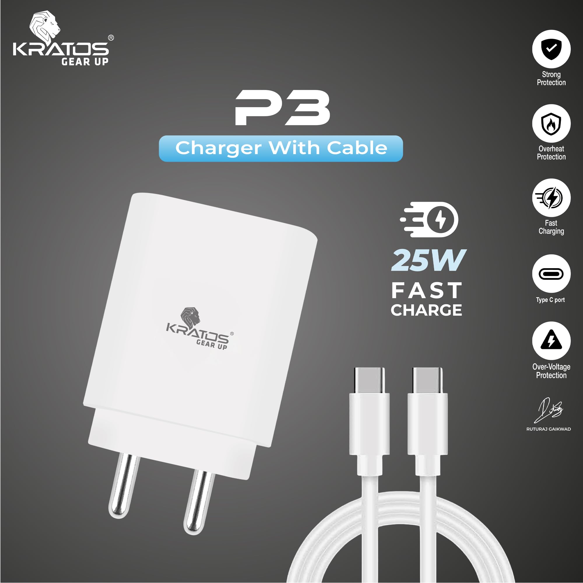 Kratos 25W Charger Adapter with Type C to C Cable, Fast Charger Compatible with Samsung Galaxy A15/M35/A35/A55/M05/M15/F15/M55| M34/M14/F34/F14/F54/A14/S23/S24/S25/ Fold/Flip/Tab, White