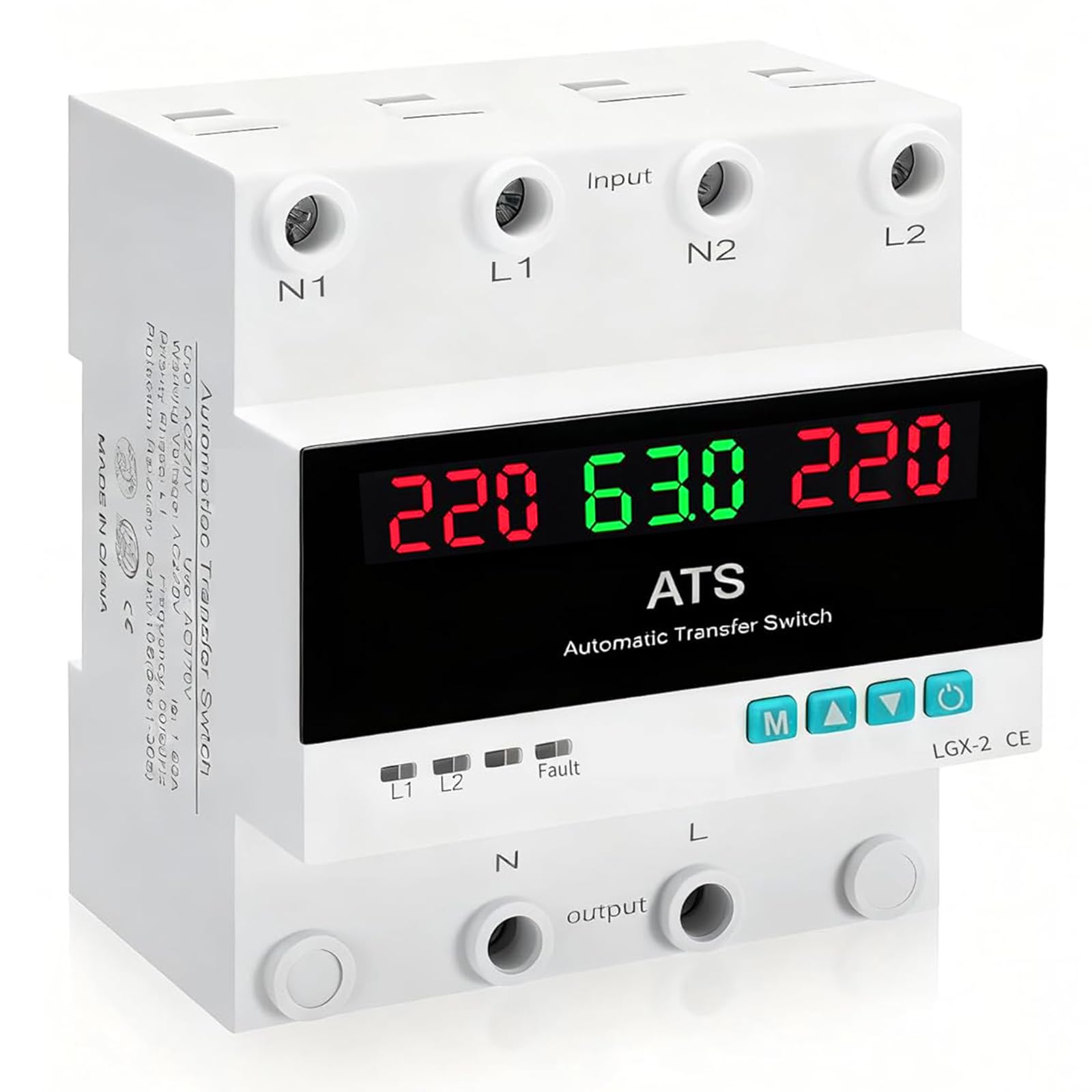 ATS 63A Monofase Automatico AC220V Commutatore Automatico di Trasferime Protezione Regolabile da Sovratensione e Sottotensione Display LED Inversione Automatica di Fase Montaggio su Guida DIN da 35 mm