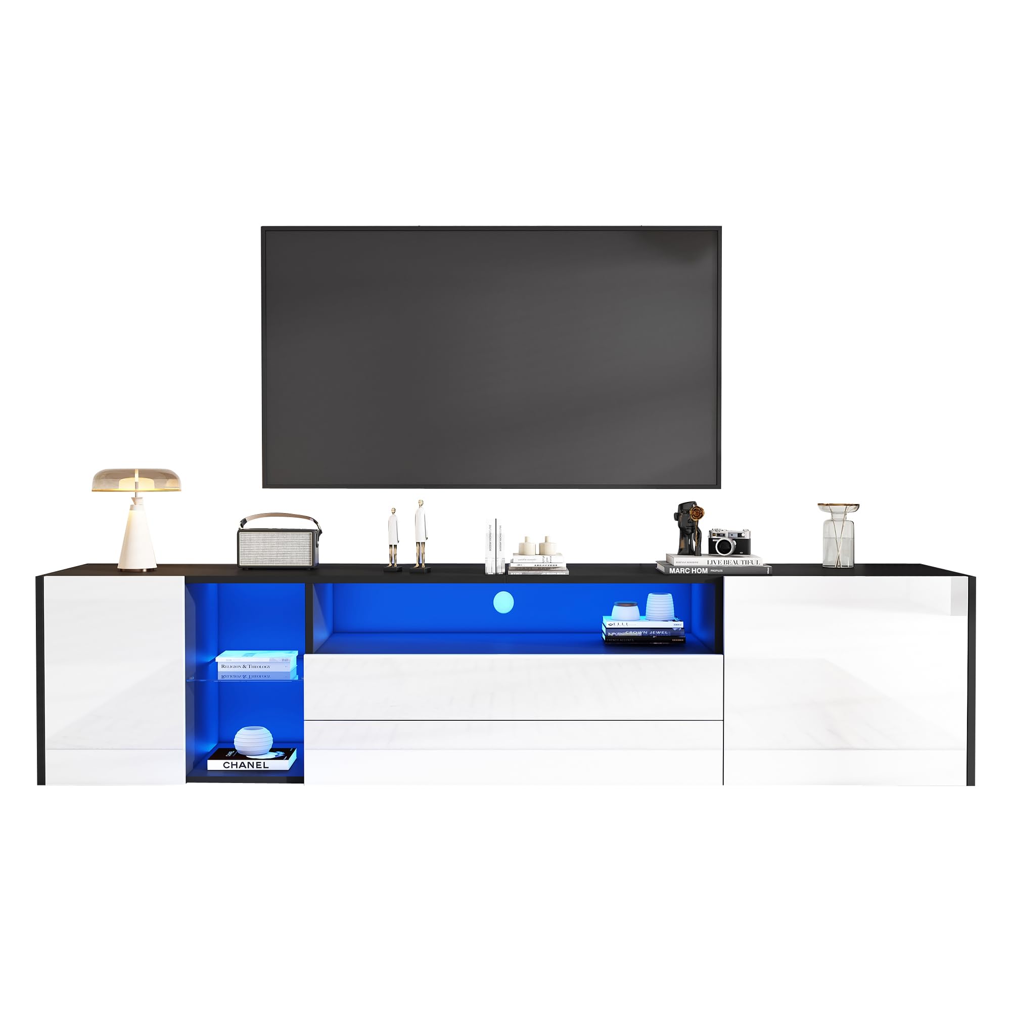 LAKFEW Mueble TV 180 cm de hasta 75 Pulgadas, Mueble TV Salon con Luz LED y 2 Cajones, Muebles TV con 2 Puertas y 2 Compartimentos de Almacenamiento, Muebles de Salon, 180x40x45 cm, Blanco + Negro