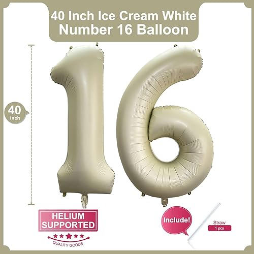 Miniatura 2 de Globo blanco crema de 40 pulgadas con el número 16 de 61 dígitos gigantes de papel de aluminio Mylar de aluminio de helio blanco arena para fiesta