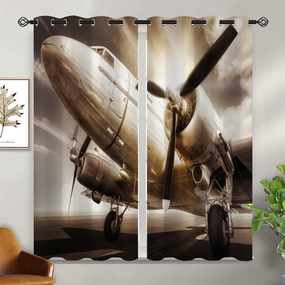 Bomber Blackout Curtains for Girls Boy Home Decor, Retro Airplane Army Vintage World War 2 Military Grommet Thermal Insulated Drapes Darkening Window Curtain for Bedroom Living Room, 42 x 63 Inch