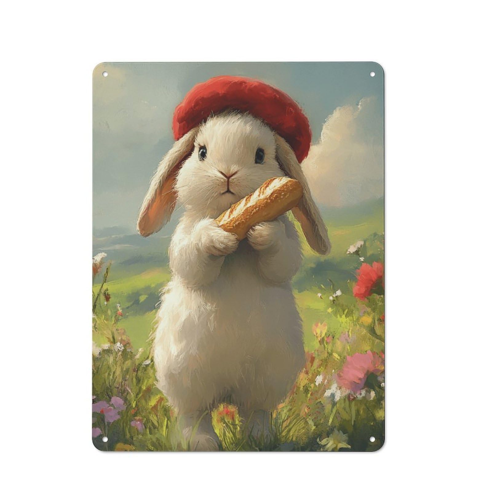 Junmoney Style Rabbit Holding Bread Printed Metal Sign 40X30cm For Studio Or Craft Room, For Creative-Space Collectors