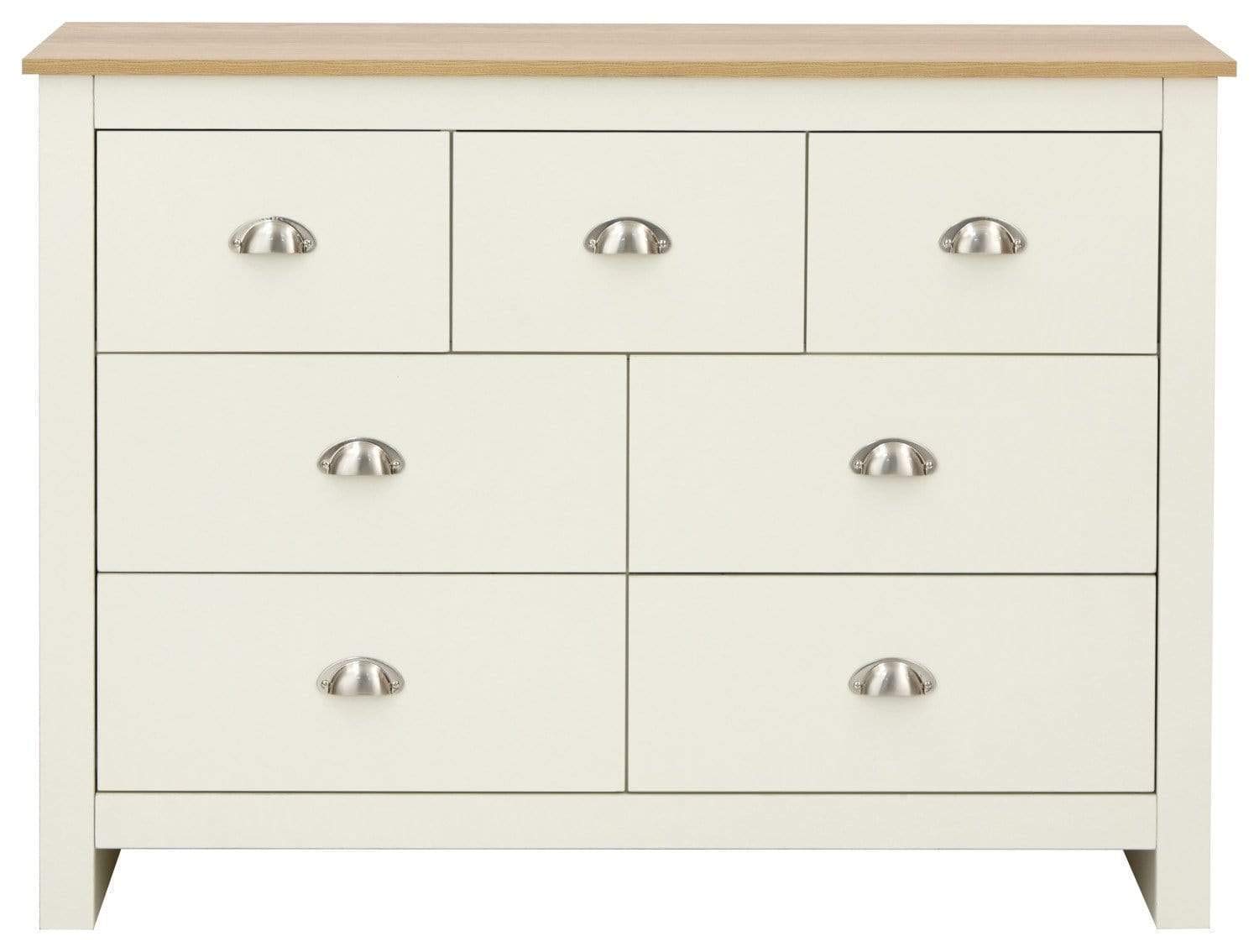GFW Lancaster Wooden 7 Drawer Chest With Steel Cup Handle & 28.4 Litre Drawers, Modern Bedroom Furniture Chest Of Drawers Storage Unit, Contrast Oak Top, Cream D-35 x W-111.5 x H-81cm