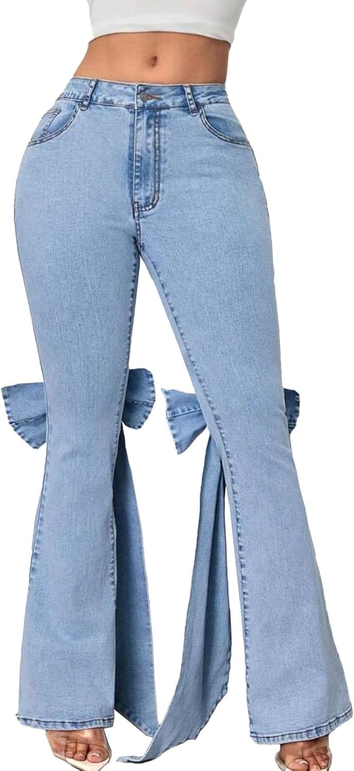 Raboolion Womens Fashion Y2K Bodycon Bell Bottom Jeans High Waist Curvy Stretchy Denim Pants with Bow Tie Design
