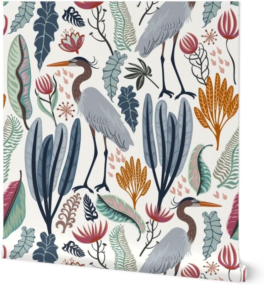 Removable Wallpaper 9ft x 2ft - Heron Botanical Large Scale Cranes Marshland Habitat Custom Pre-Pasted Wallpaper by Spoonflower