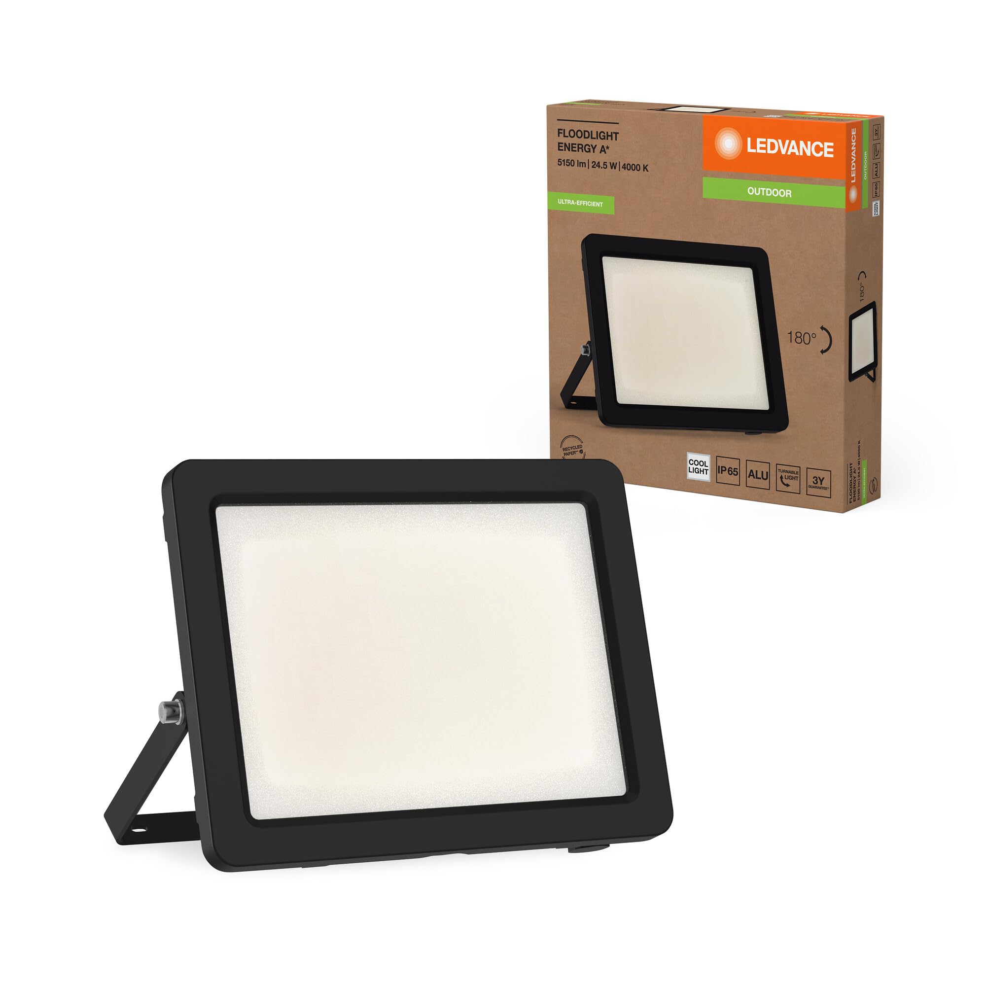 LEDVANCE Proiettore LED con classe di efficienza energetica A, alloggiamento in alluminio nero, 24,5 W, 4600 lm, per applicazioni esterne, design compatto, leggero, facile installazione