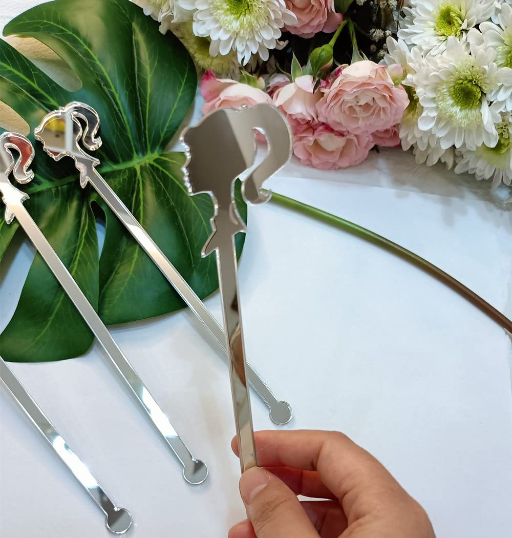 Set of 20 Acrylic Drink Stirrer,Girl Drink Stirrer,Drink Swizzle Stick for Luxury Cocktail,Party&Event Decor (Silver Mirror)