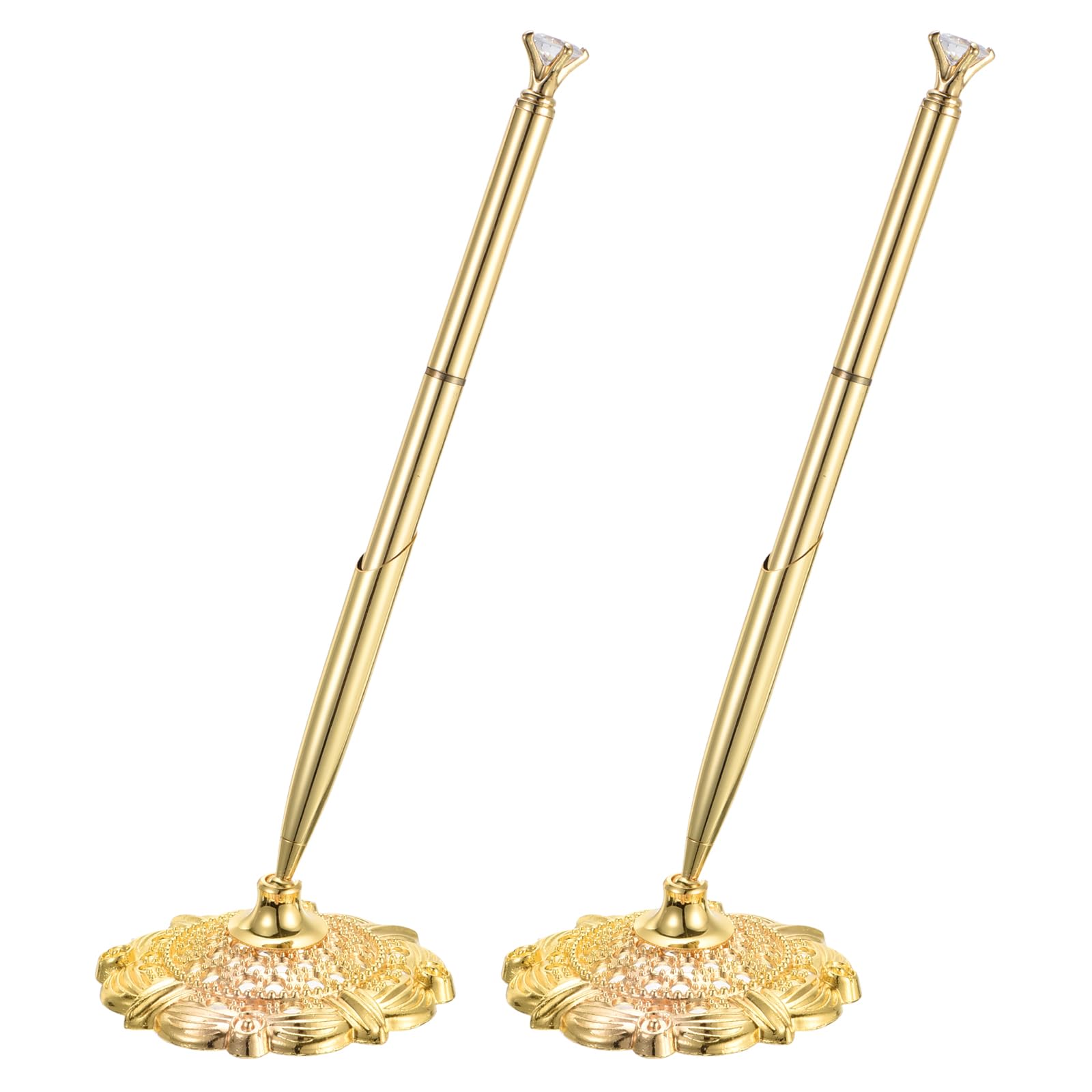 PATIKIL 2 Set Small Diamond Wedding Pen Guest Book Pen with Holder, Gold Tone, 1 count (Pack of 2)