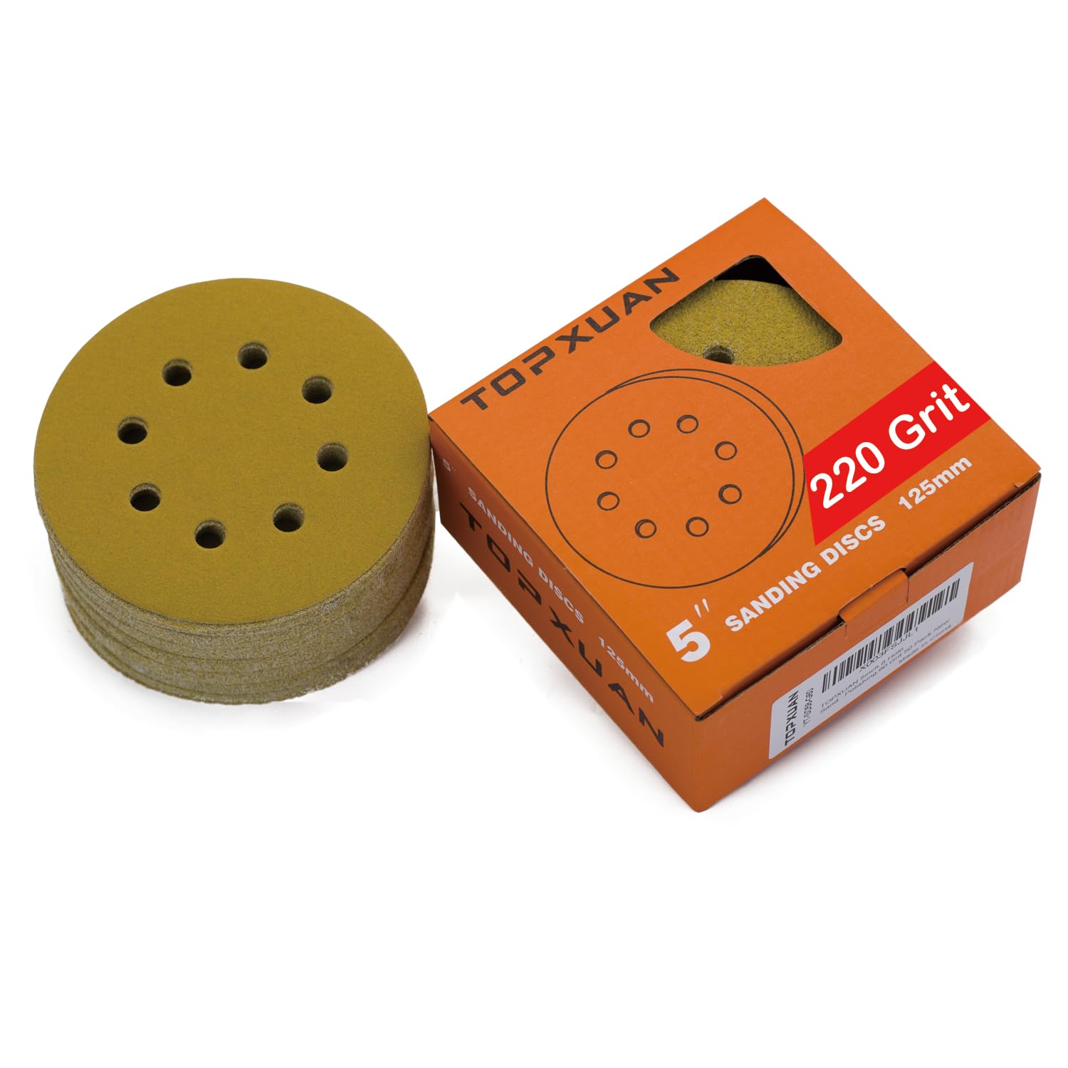TOPXUAN Orbital Sander Paper 5 Inch 8 Hole 220 Grit Sanding Disc,Hook and Loop Wet/Dry Gold Replacement Sandpaper,Suitable for Wood,Plastic Grinding