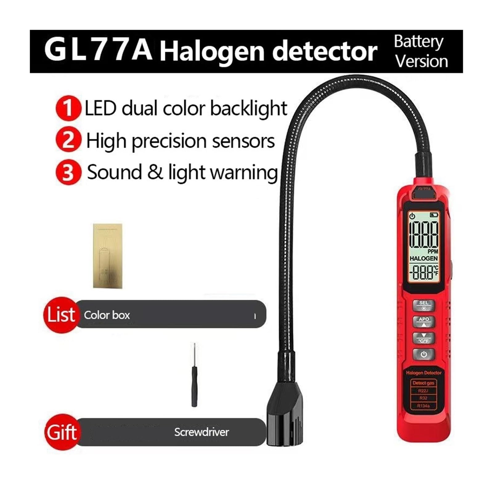 Detektor gazu Detektor wycieku freonu o wysokiej czułości halogenu R22 R410A R134A R1234YF Gaz chłodniczy Tester klimatyzacji HVAC do pracy i domu(GL77A)