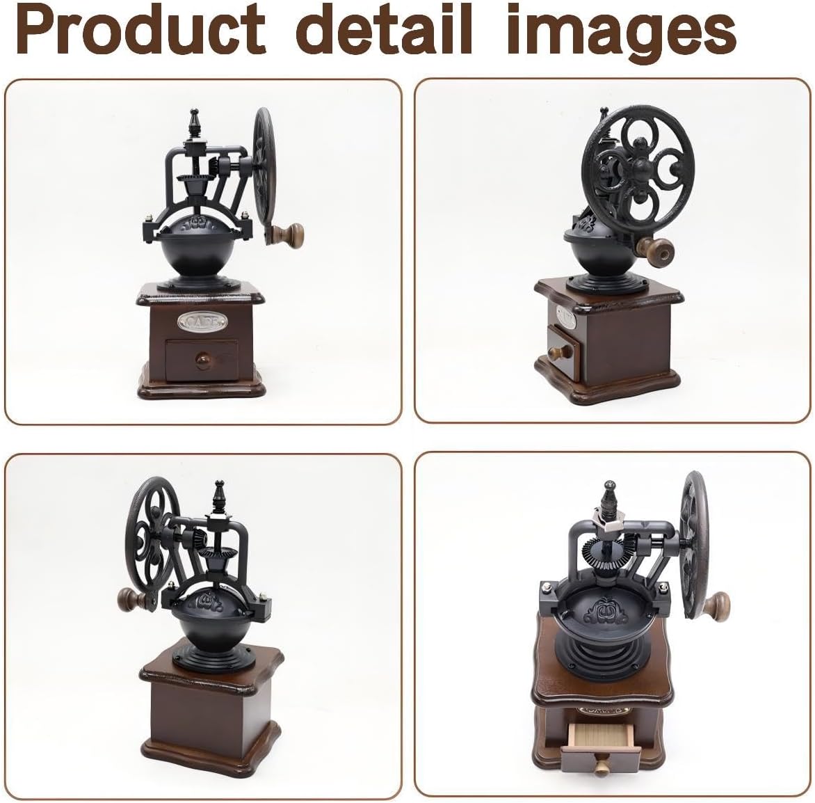 Wooden Manual Coffee Grinder Vintage Style Hand Coffee Mill Burr Coffee Grinder with Ceramic Hand Crank,Wooden Manual Coffee Grinder Cleaning Brush(Brown Ferris wheel style）
