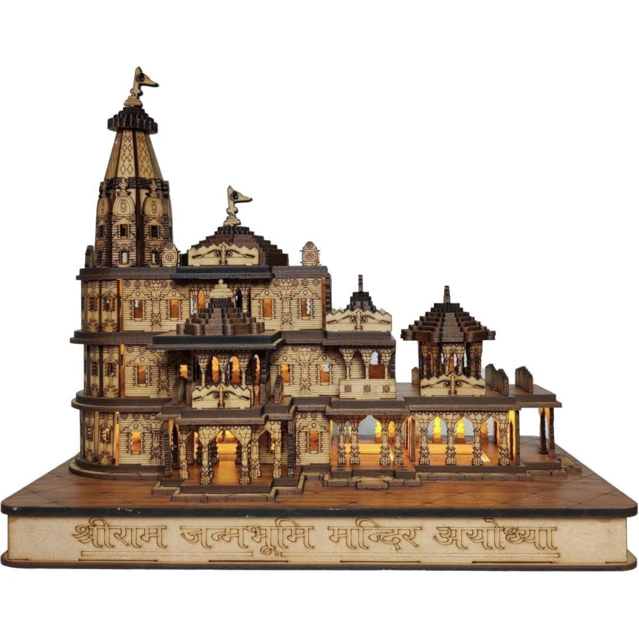 Rousrie Shree Ram Mandir Ayodhya Model, Exclusive 3D Wooden Janmabhoomi Temple, Designed and Made by Indian Craftmen, Best for Home and Car Decor (with LED Light)